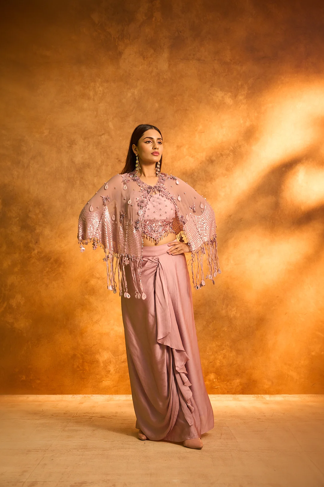 Onion Embroidered Dhoti Set with Beaded Cape - Image 2