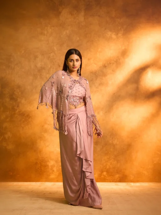 Onion Embroidered Dhoti Set with Beaded Cape