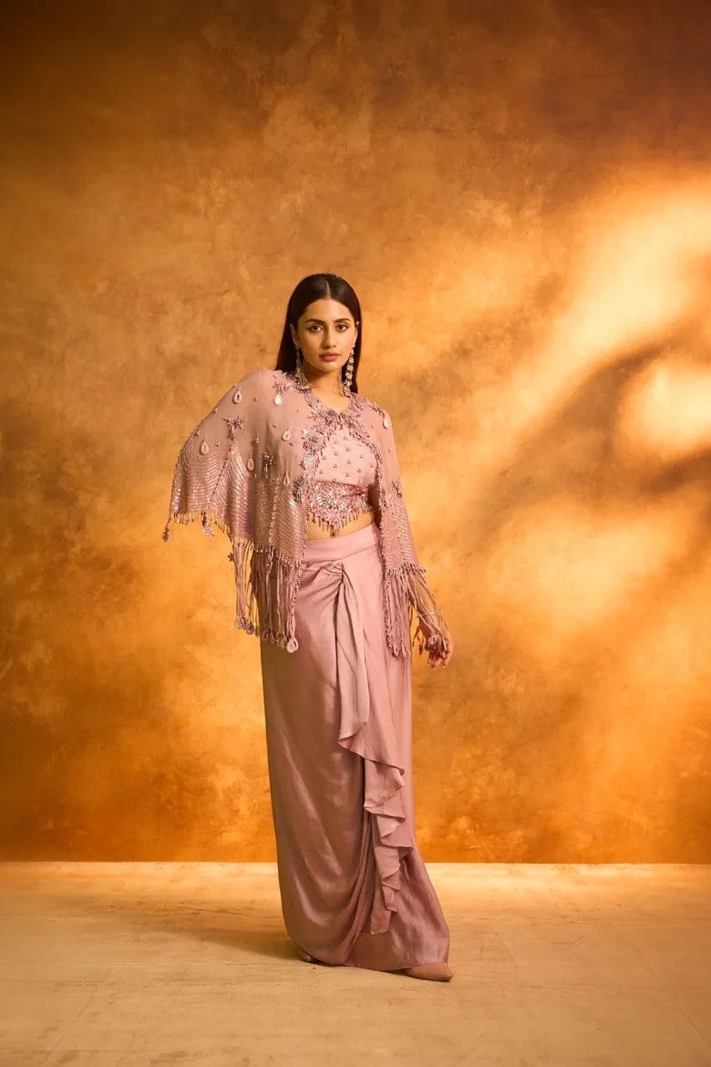 Onion Embroidered Dhoti Set with Beaded Cape