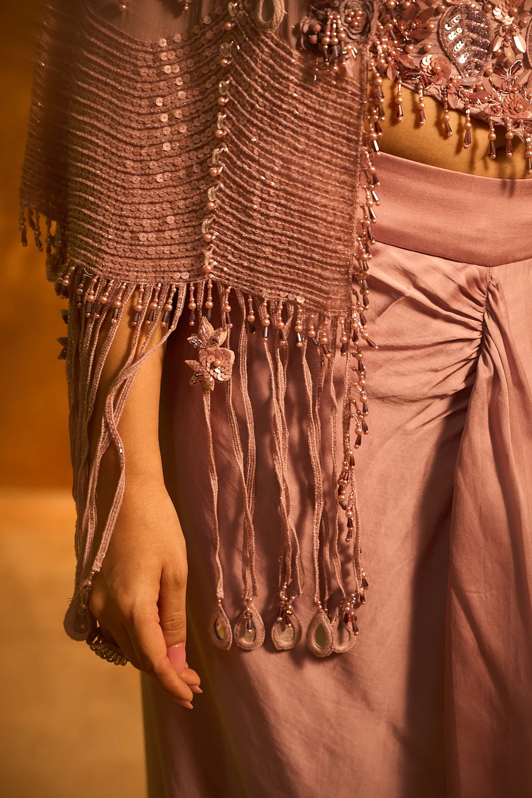 Onion Embroidered Dhoti Set with Beaded Cape - Image 5