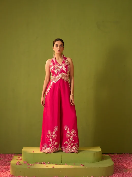 Hot Pink Embroidered Halter Neck Jumpsuit