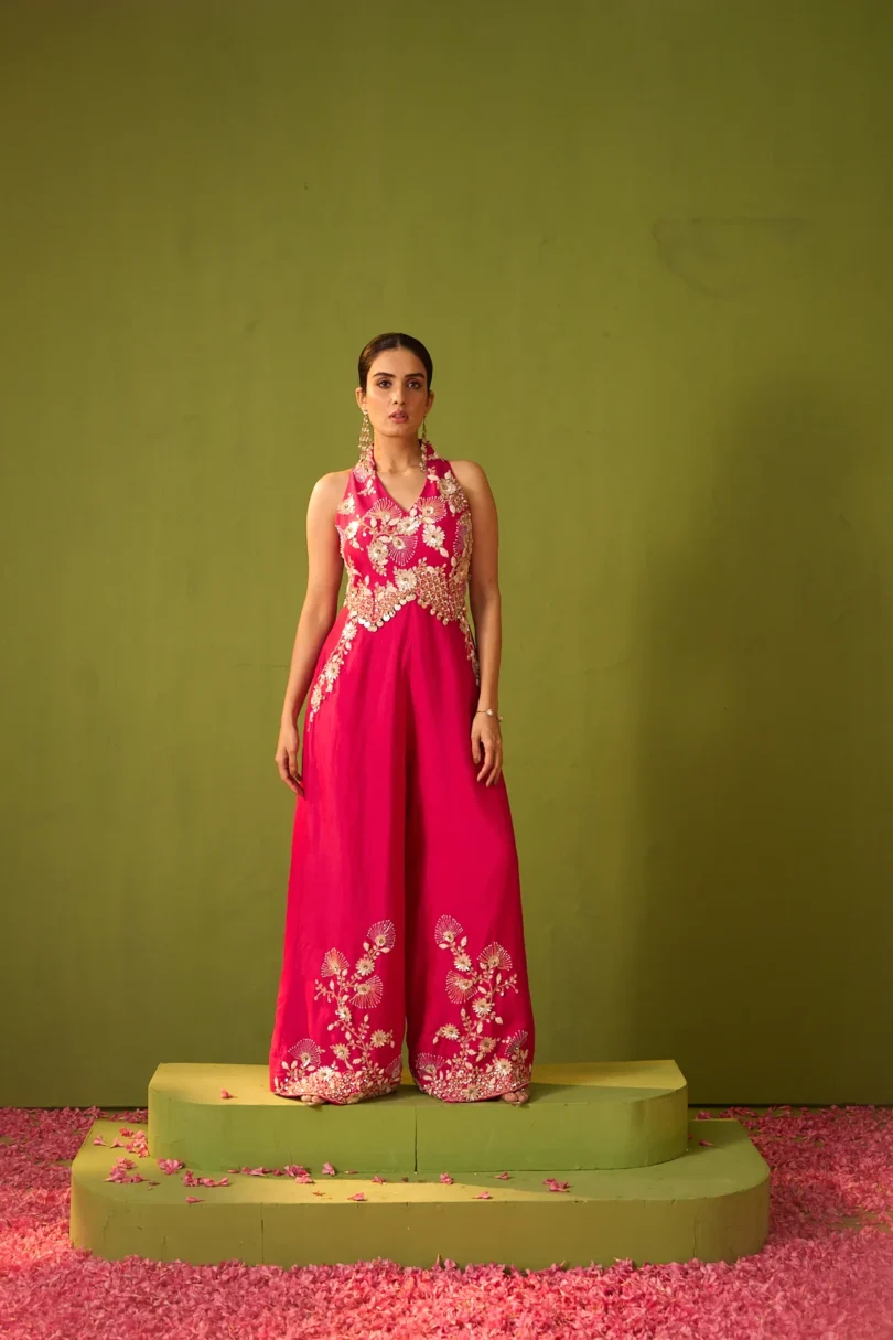 Hot Pink Embroidered Halter Neck Jumpsuit