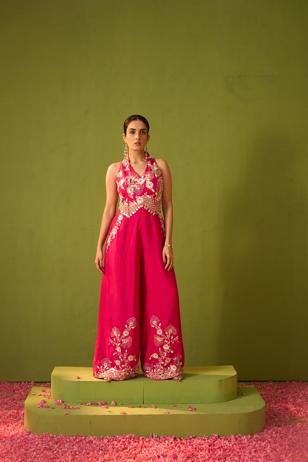 Hot Pink Embroidered Halter Neck Jumpsuit
