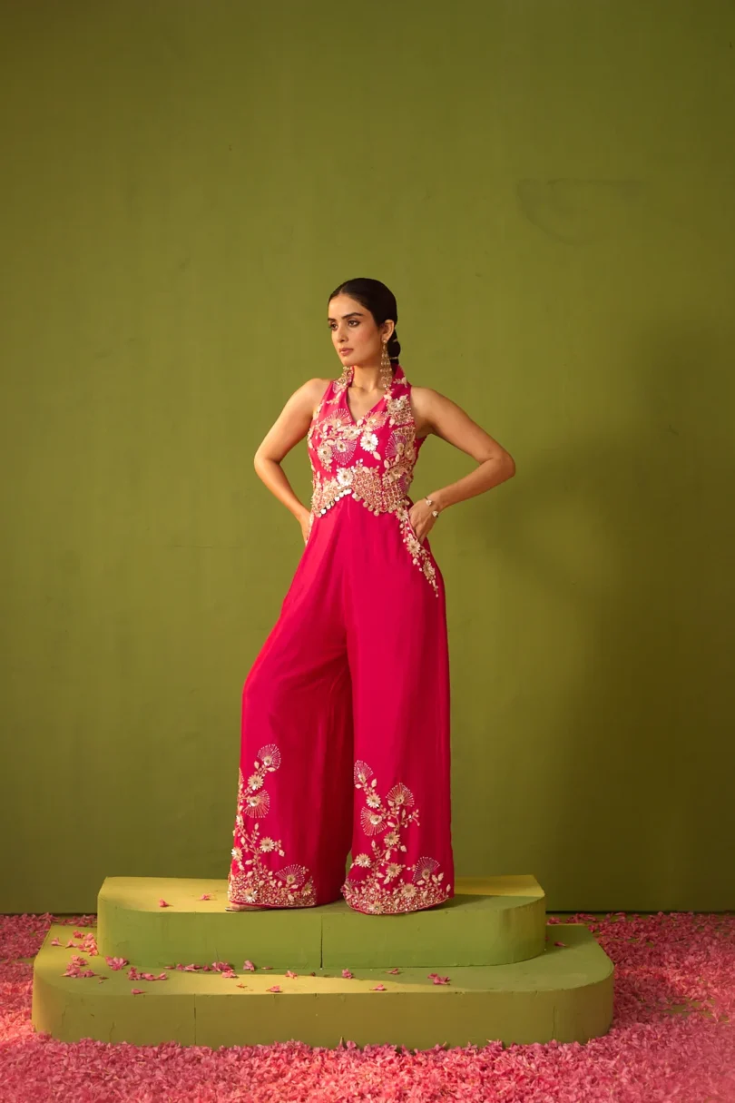 Hot Pink Embroidered Halter Neck Jumpsuit - Image 2