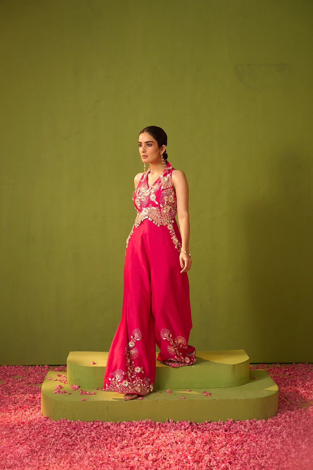 Hot Pink Embroidered Halter Neck Jumpsuit - Image 3