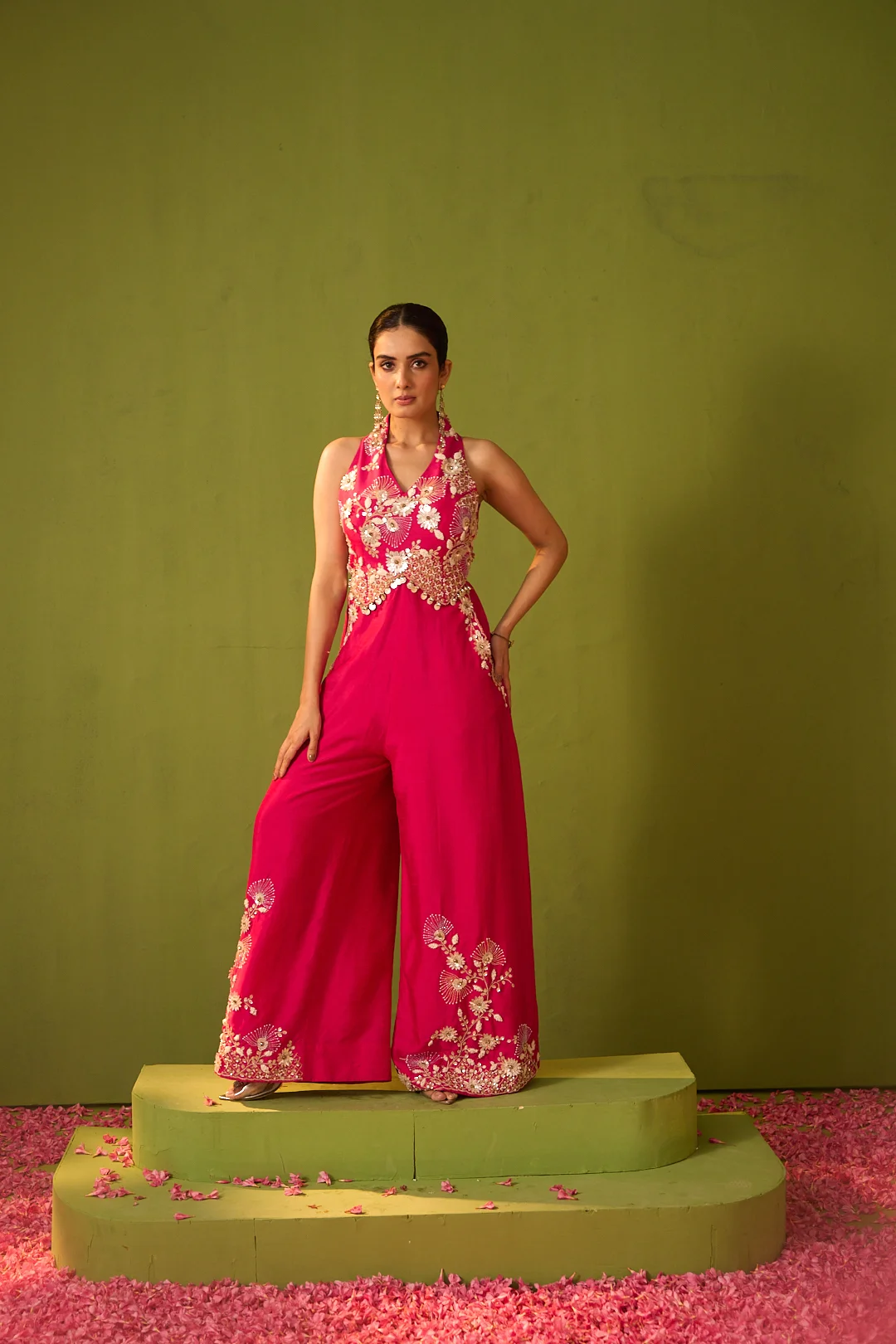 Hot Pink Embroidered Halter Neck Jumpsuit - Image 4