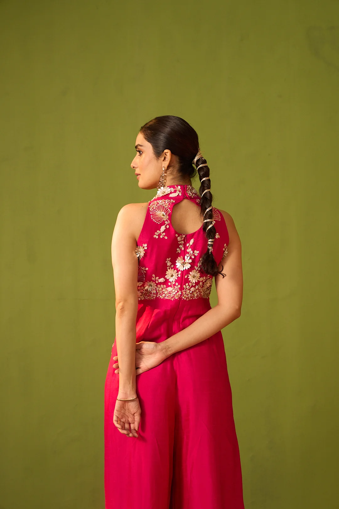 Hot Pink Embroidered Halter Neck Jumpsuit - Image 5