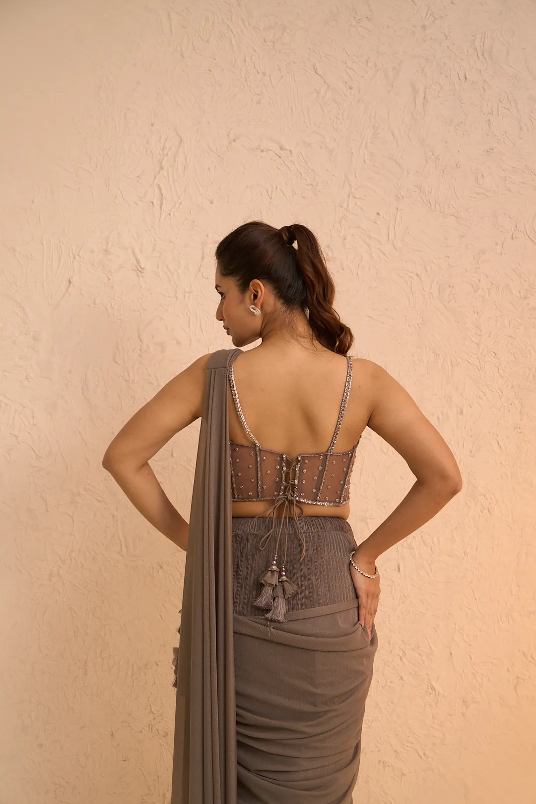 Silver Pre-Stitched Saree with Embroidered Corset Blouse - Image 3