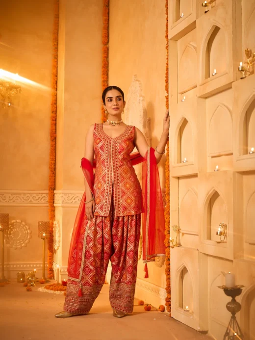 Red Bandhej Short Kurta with Coordinated Pants