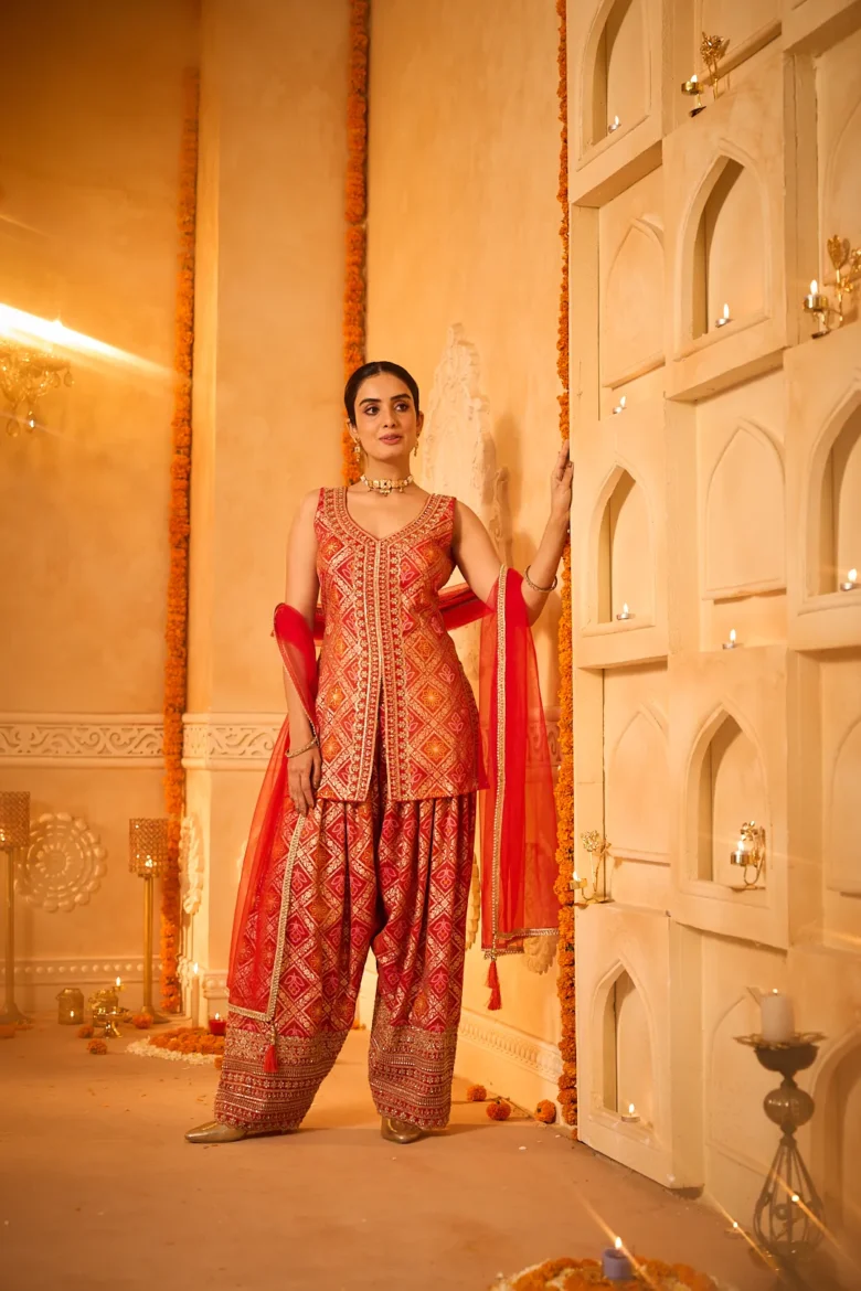 Red Bandhej Short Kurta with Coordinated Pants