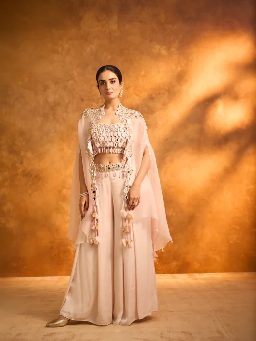 Peach Mirror-Embroidered Cape Set