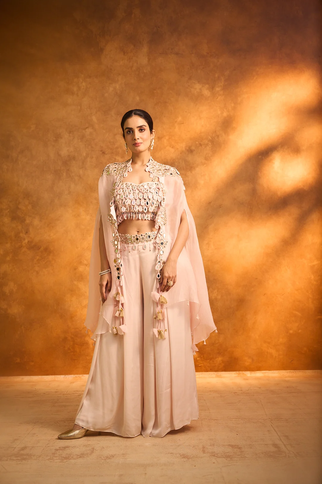 Peach Mirror-Embroidered Cape Set