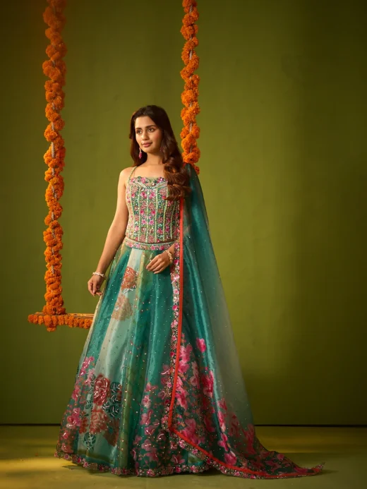 Green Floral Organza Lehenga