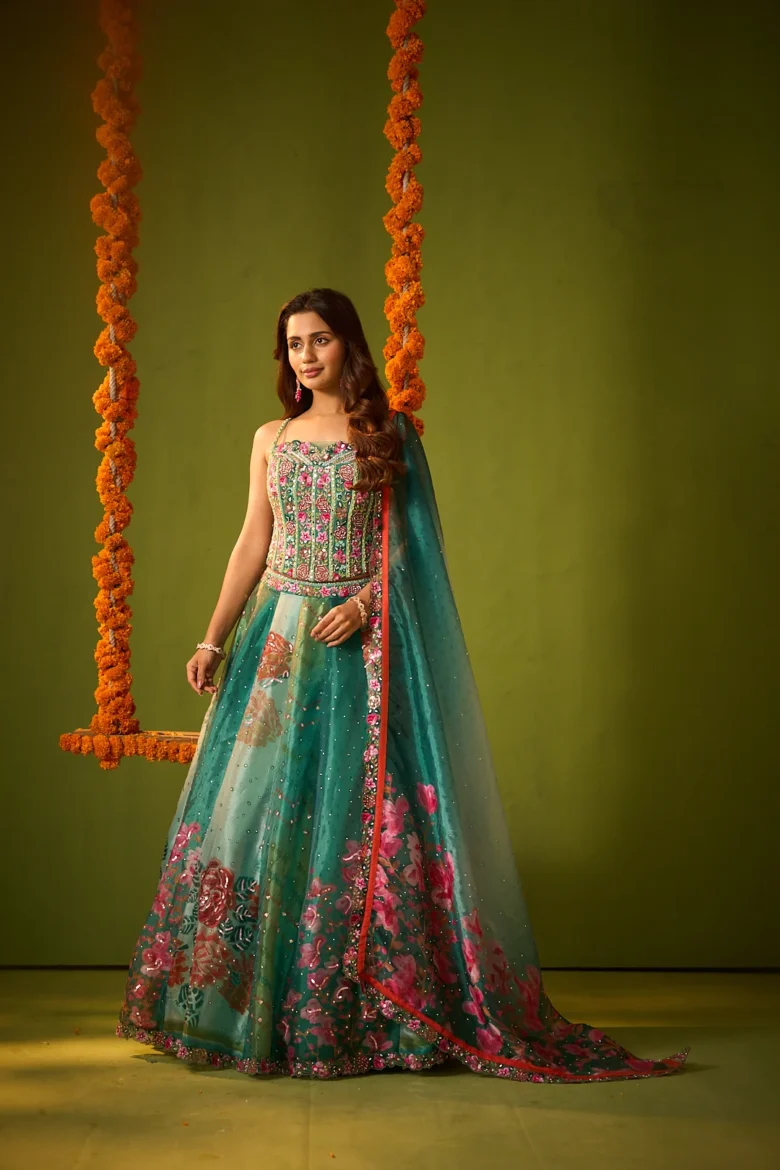 Green Floral Organza Lehenga