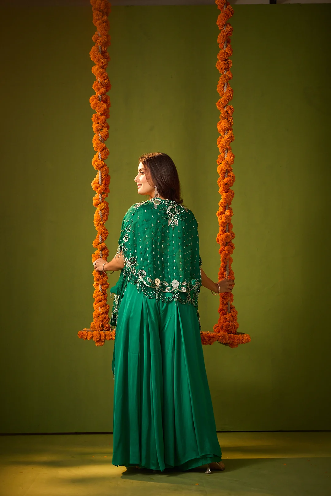 Dark Green Embroidered Cape Co-ord Set - Image 5