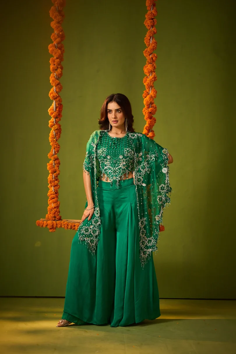Dark Green Embroidered Cape Co-ord Set - Image 4