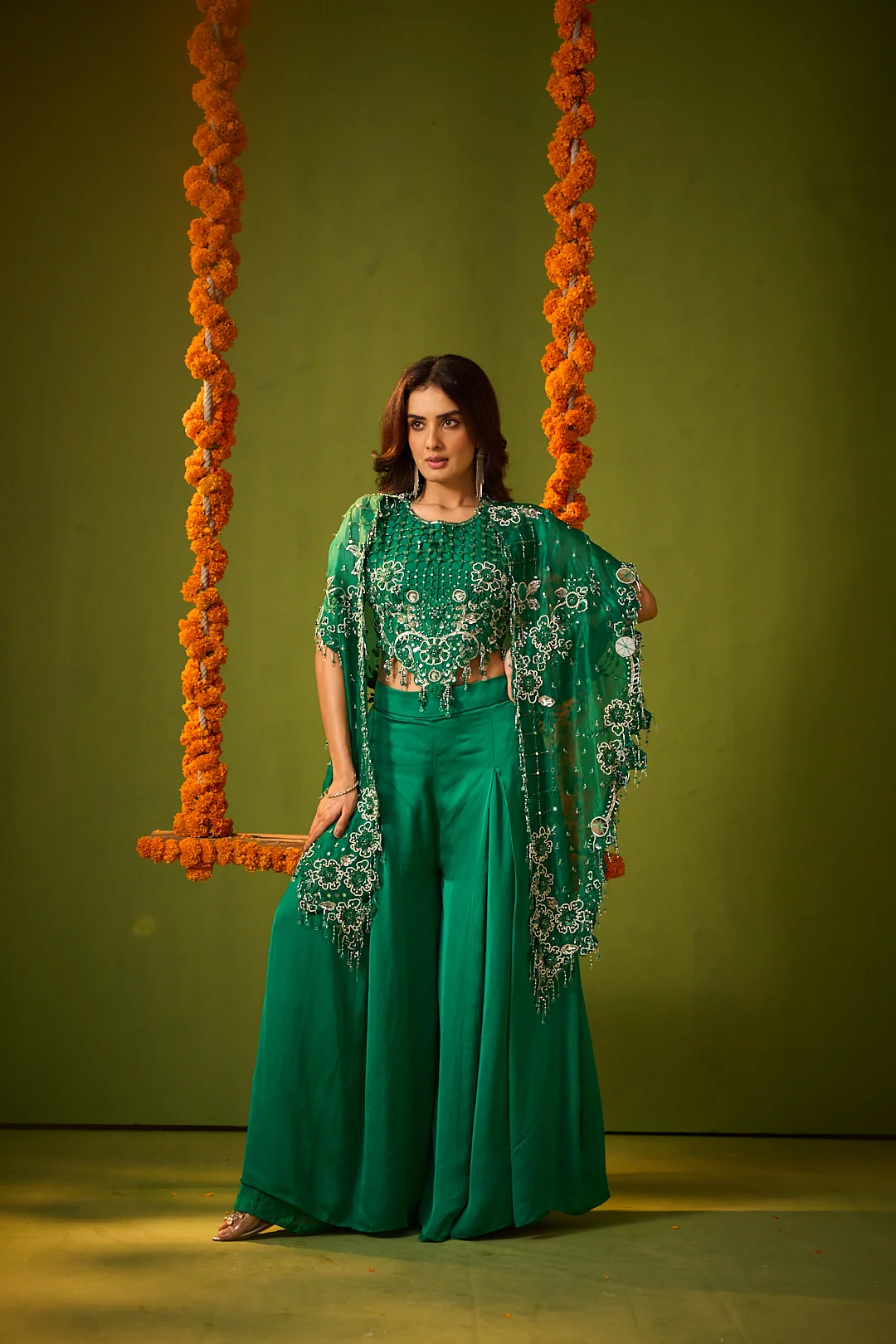 Dark Green Embroidered Cape Co-ord Set - Image 4