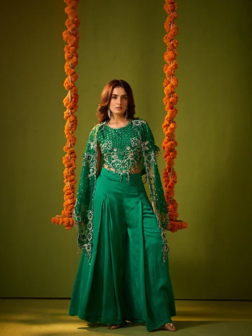 Dark Green Embroidered Cape Co-ord Set