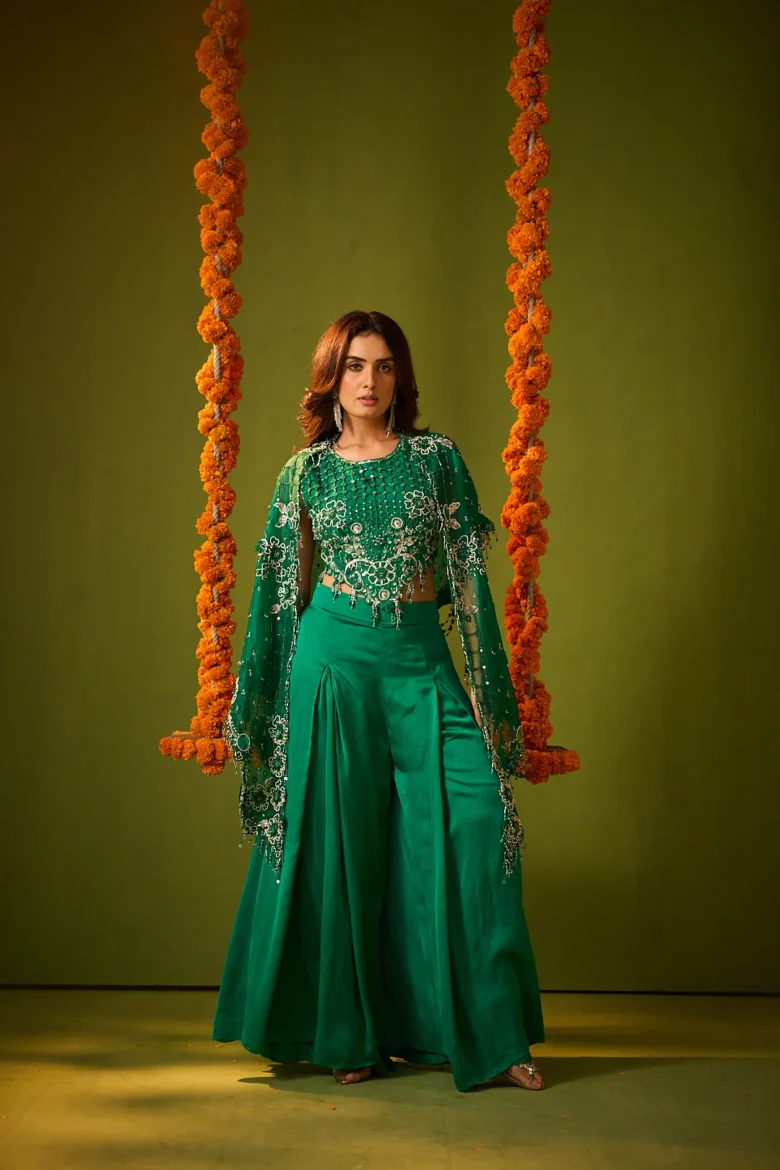 Dark Green Embroidered Cape Co-ord Set