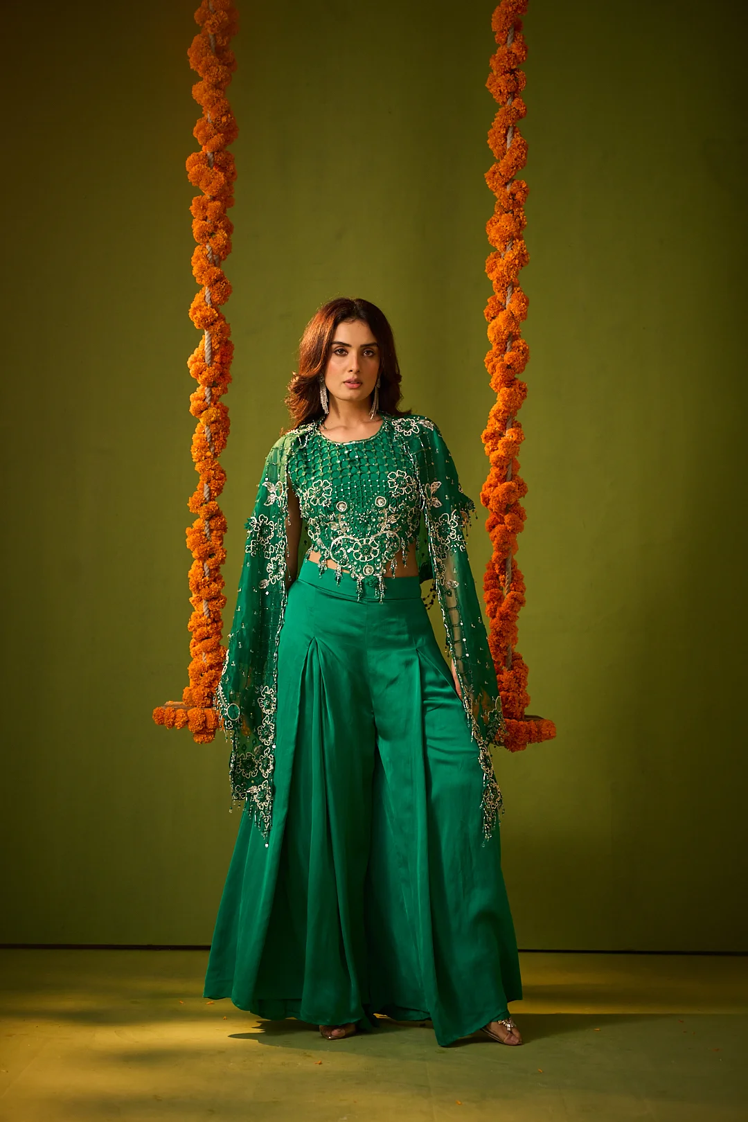 Dark Green Embroidered Cape Co-ord Set