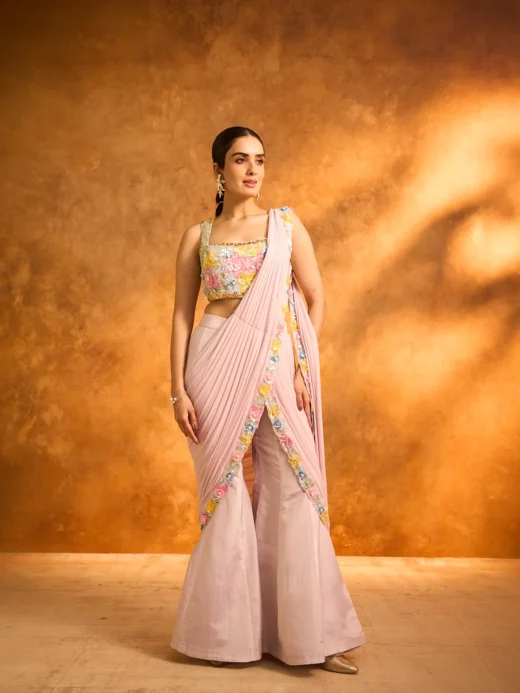 Lilac Pink Floral Embroidered Sharara Set