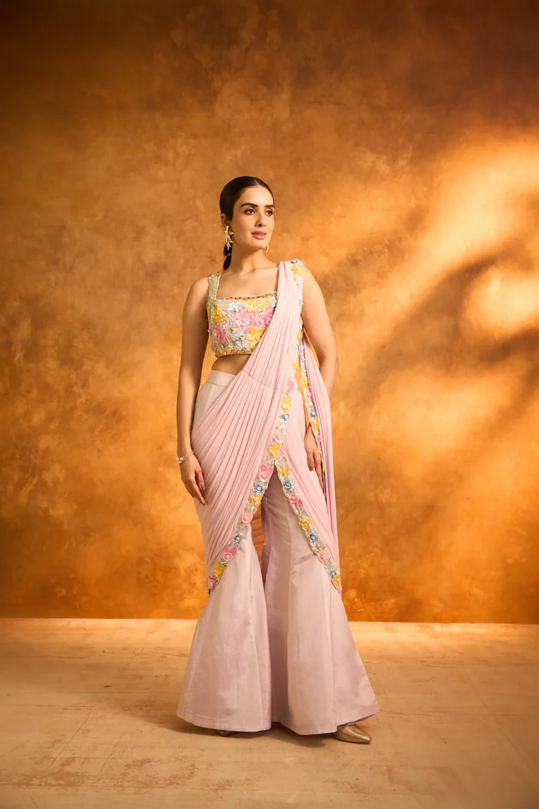 Lilac Pink Floral Embroidered Sharara Set