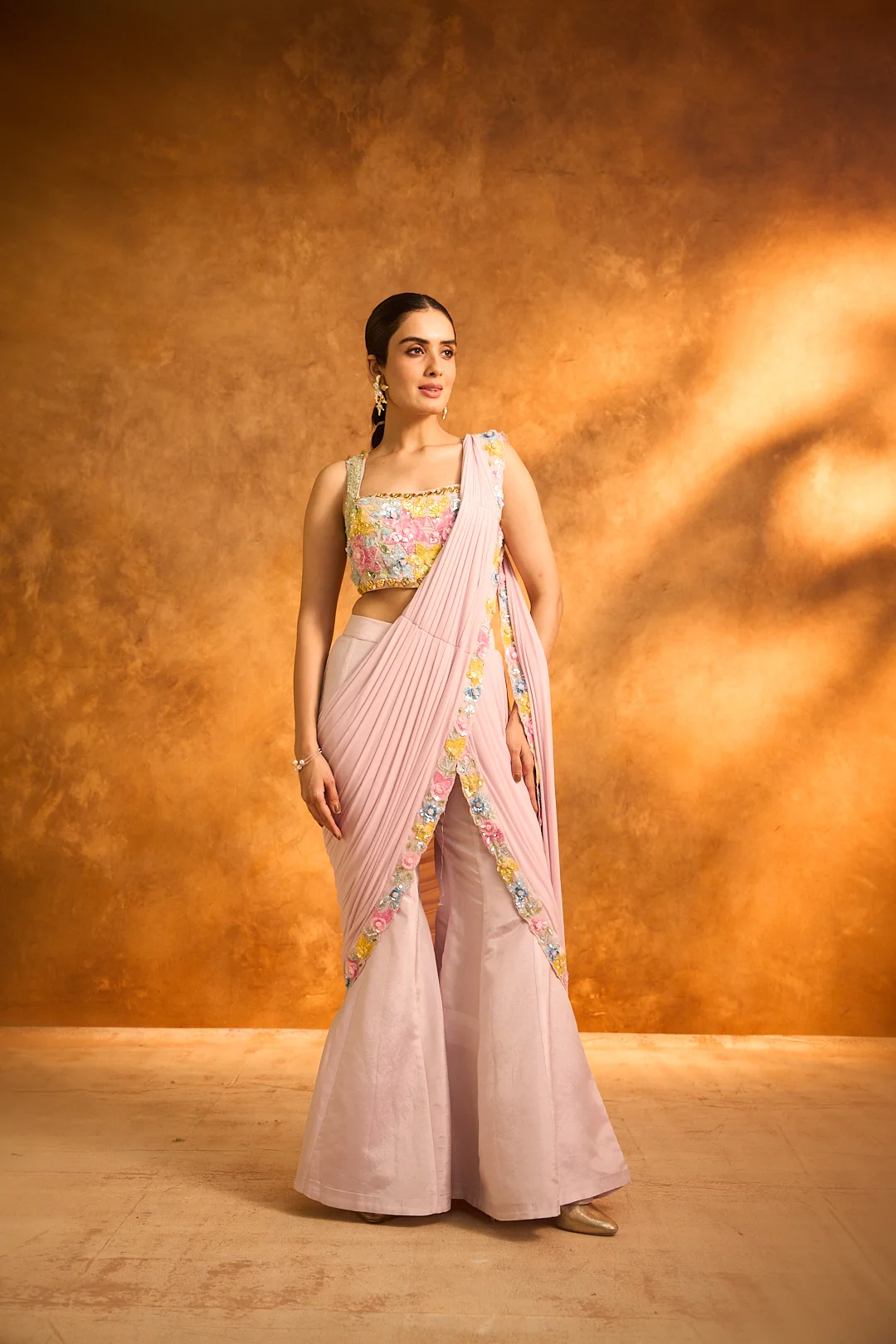 Lilac Pink Floral Embroidered Sharara Set