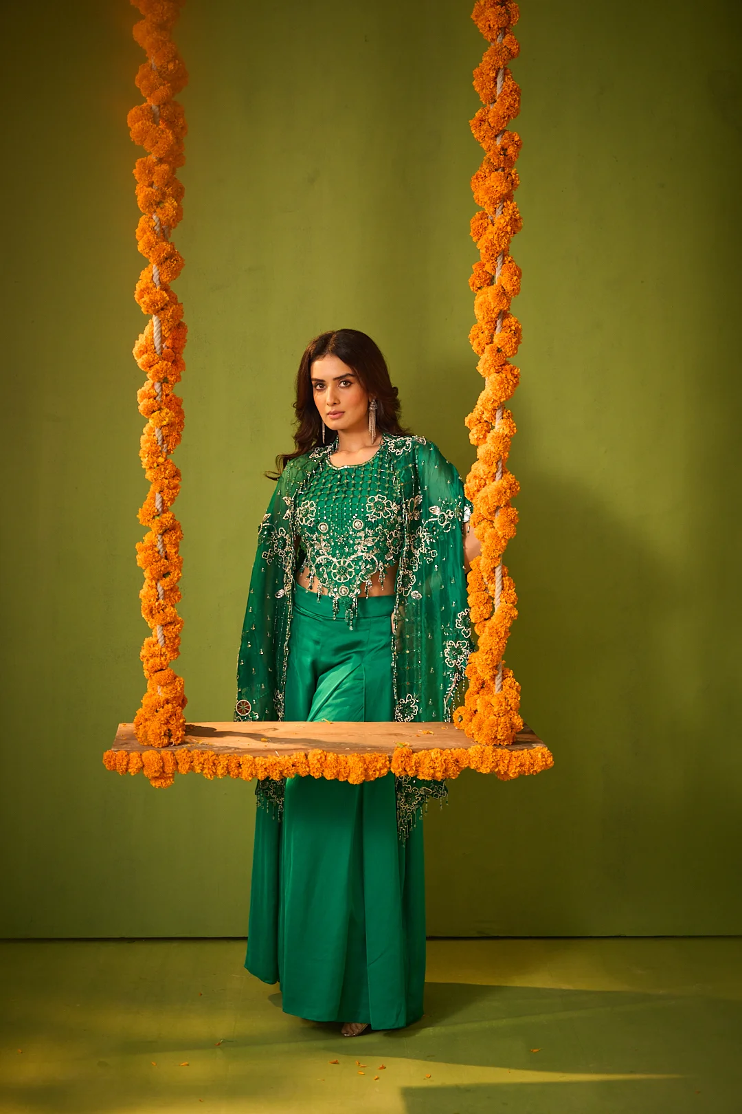 Dark Green Embroidered Cape Co-ord Set - Image 2