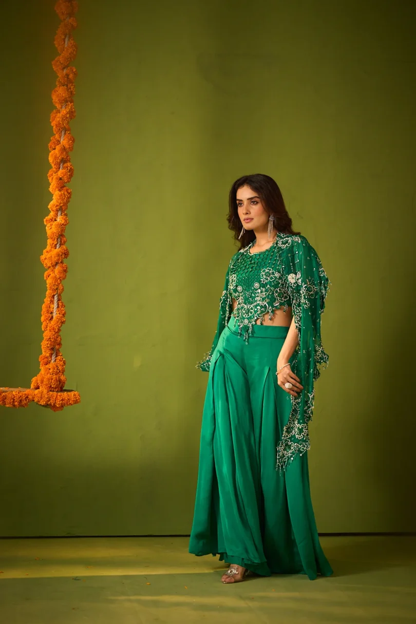Dark Green Embroidered Cape Co-ord Set - Image 3