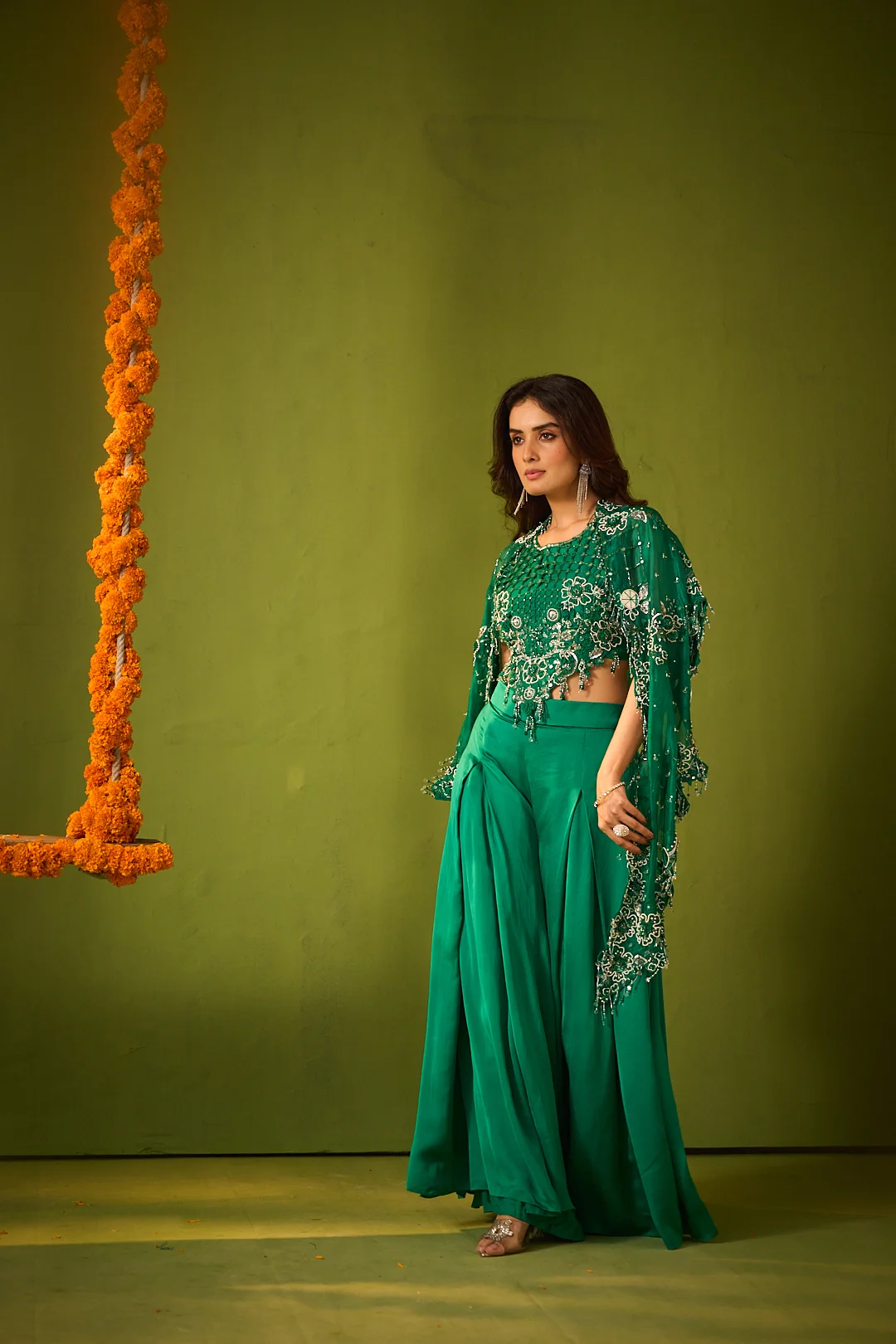 Dark Green Embroidered Cape Co-ord Set - Image 3