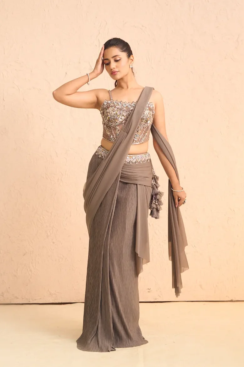 Silver Pre-Stitched Saree with Embroidered Corset Blouse