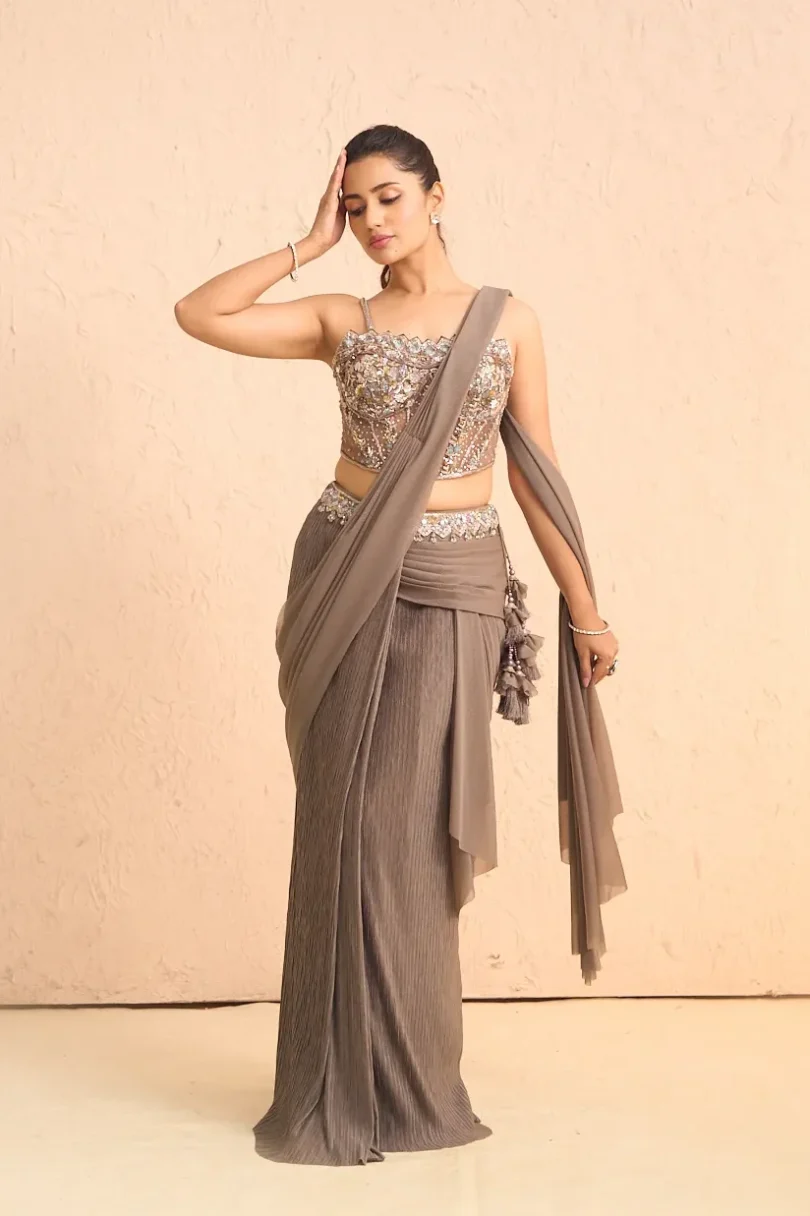 Silver Pre-Stitched Saree with Embroidered Corset Blouse