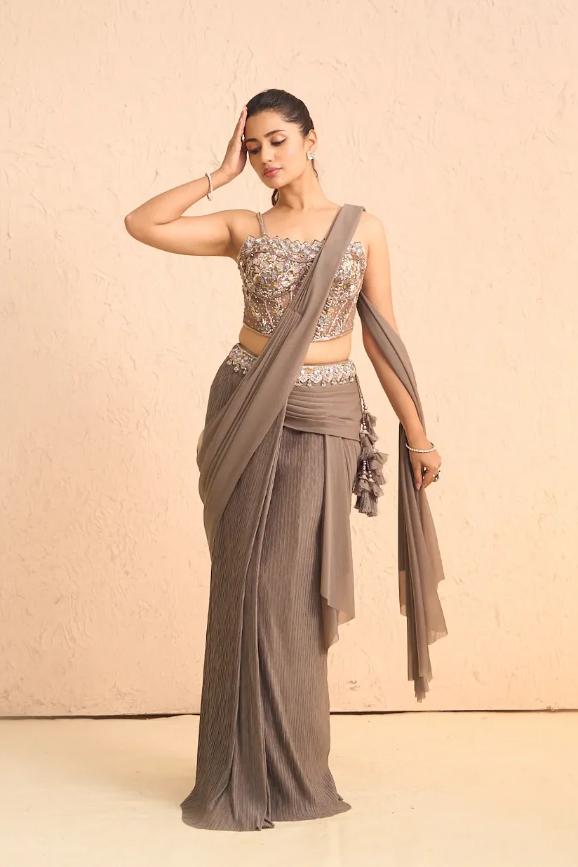 Silver Pre-Stitched Saree with Embroidered Corset Blouse