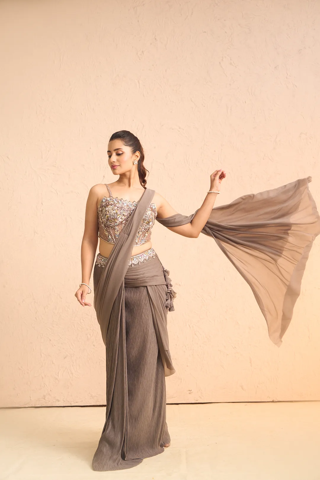 Silver Pre-Stitched Saree with Embroidered Corset Blouse - Image 2
