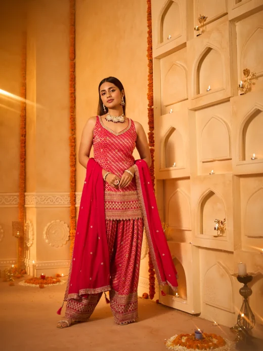 Rani Pink Bandhej Short Kurta with Coordinated Pants