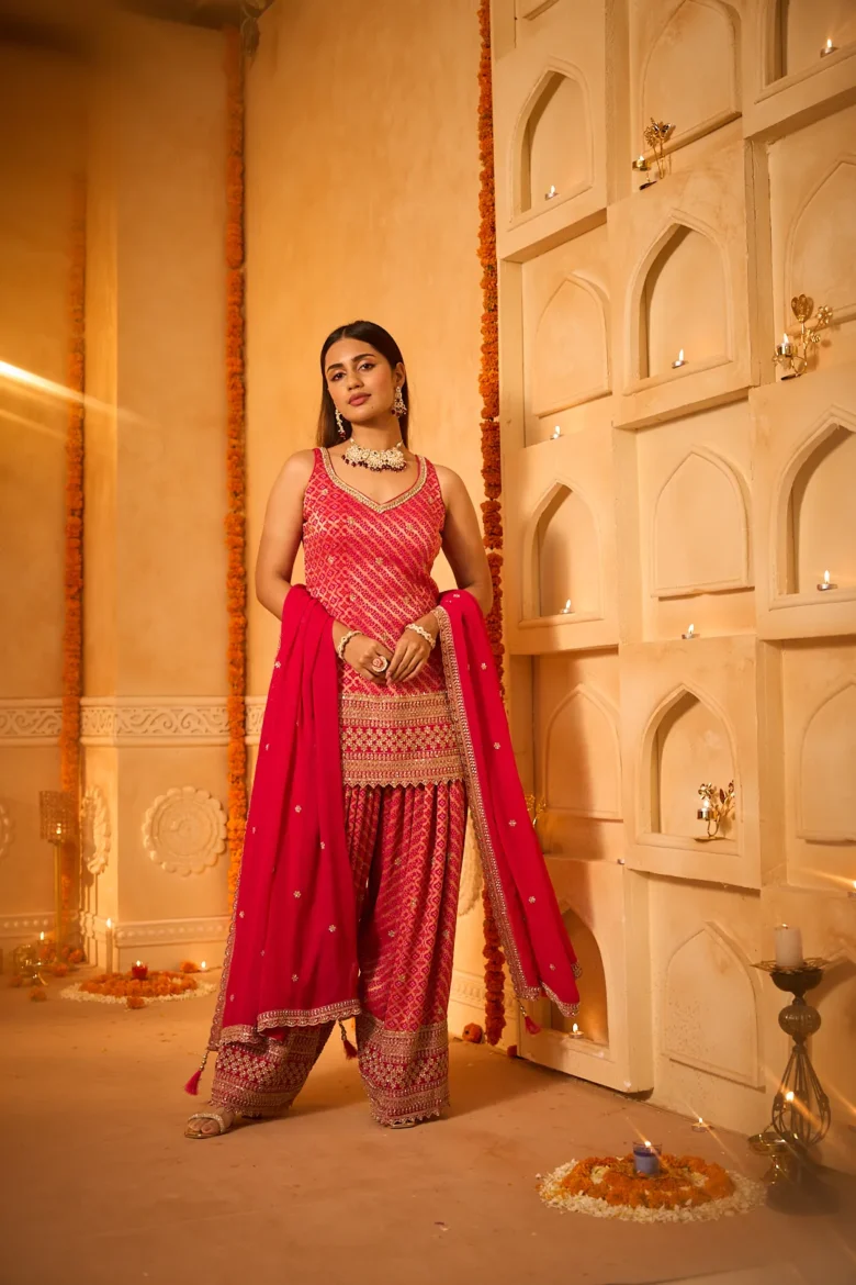 Rani Pink Bandhej Short Kurta with Coordinated Pants