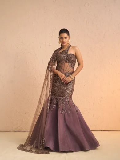 Wine Pleated Gown with Golden Sequin Embroidery