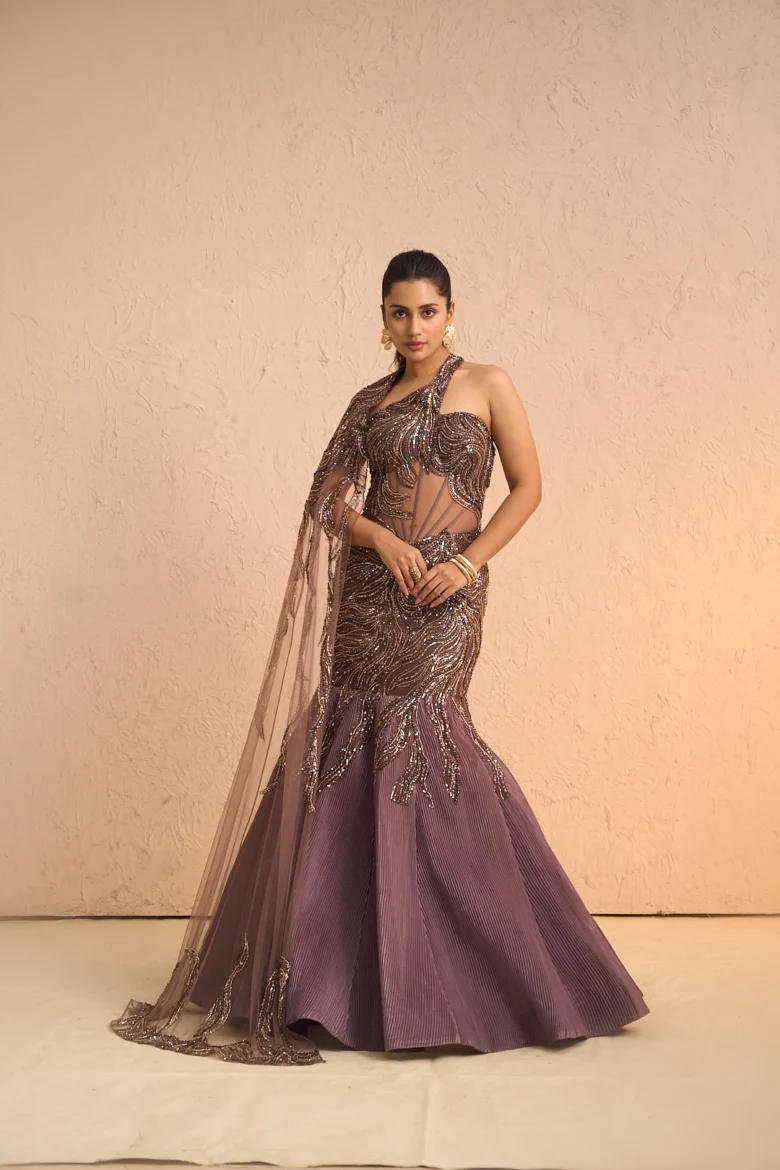 Wine Pleated Gown with Golden Sequin Embroidery