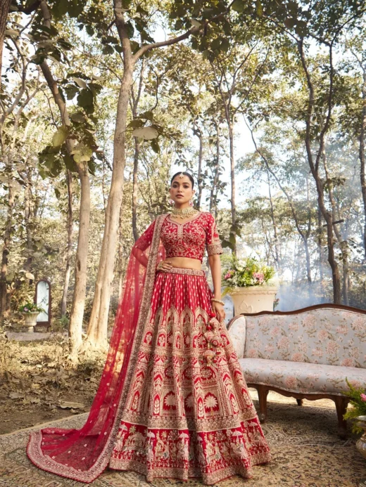 Red Bridal Lehenga with Zardosi Handwork and Narrative Border