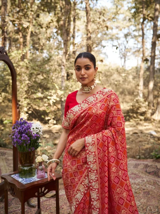 Red Bandhani Silk Saree with Heritage Zardosi Border