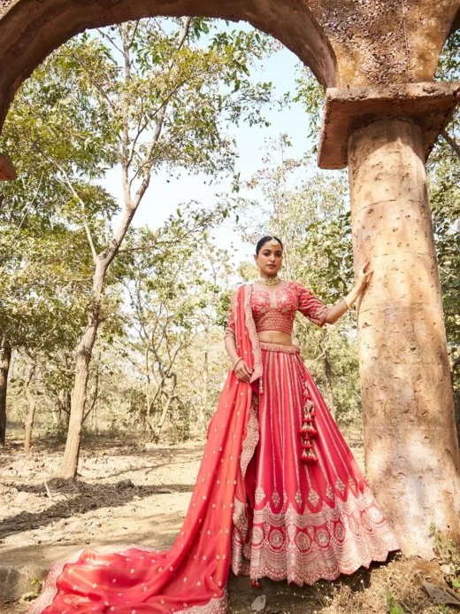 Coral Blush Tissue Lehenga with Linear Zardosi Detailing