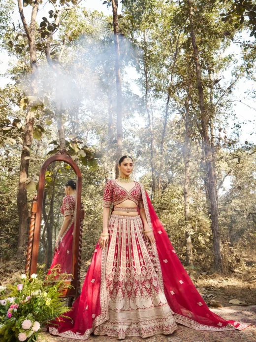 Crimson Red Bridal Lehenga with Zardosi Handwork and Panelled Embroidery