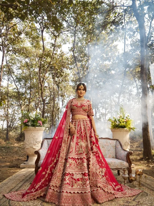 Classic Red Layered Bridal Lehenga with Architectural Zardosi Embroidery