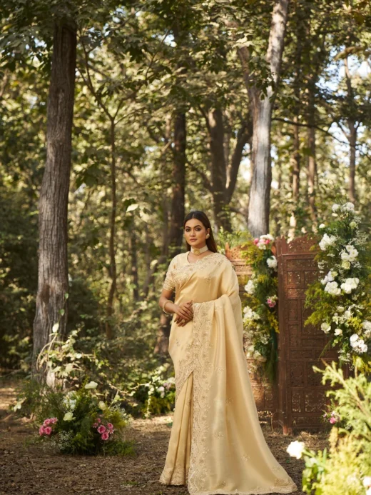 Champagne Gold Hand-Embroidered Bridal Saree with Scalloped Zari Border