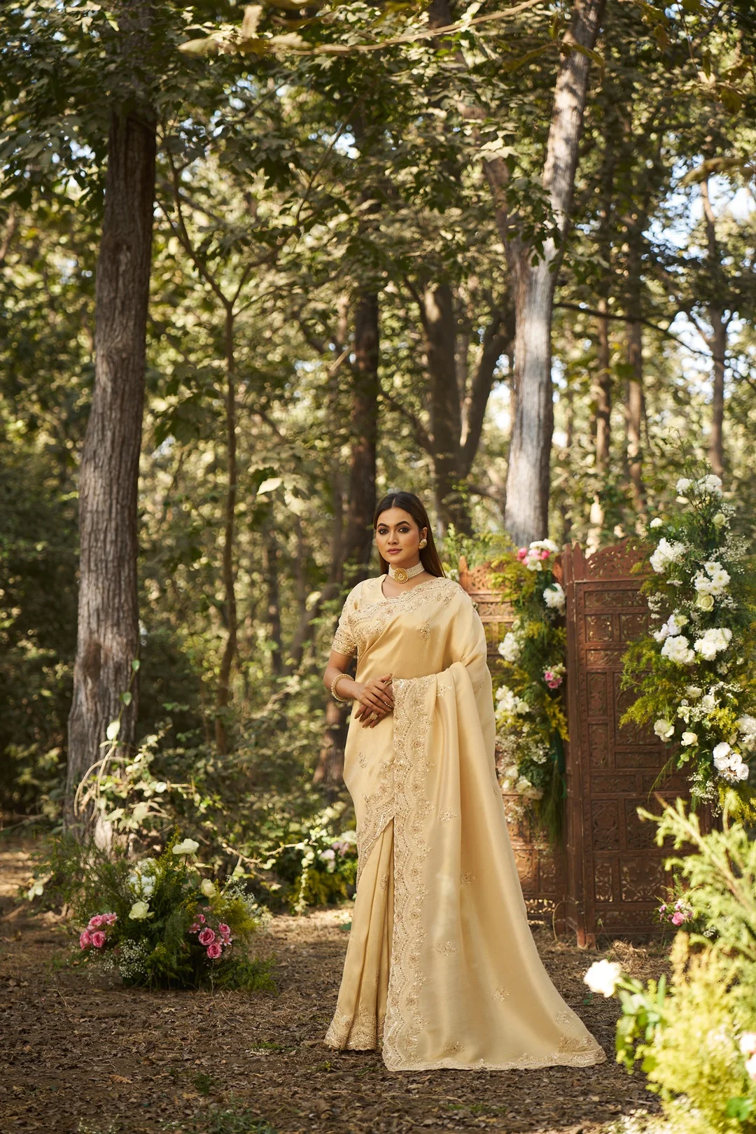 Champagne Gold Hand-Embroidered Bridal Saree with Scalloped Zari Border