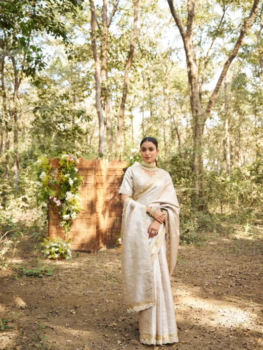 Silver Tissue Saree with Delicate Zari and Floral Hand Embroidery