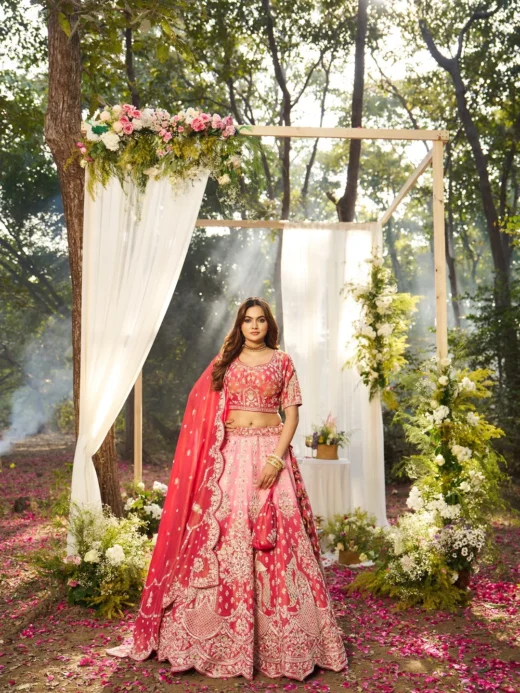 Coral Blush Shaded Tissue Bridal Lehenga with Peacock Zardosi Embroidery