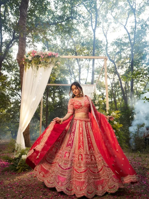 Coral & Pink Panelled Bridal Lehenga with Zardosi Embroidery
