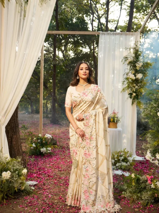 Ivory Floral Hand-Embroidered Saree with Geometric Zari Accents
