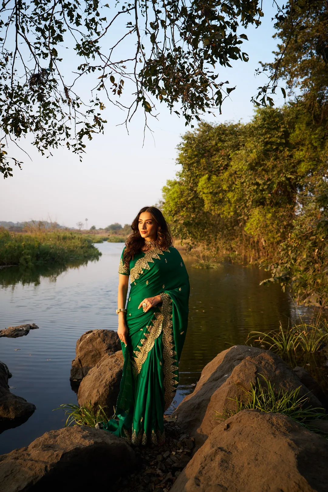 Emerald Green Hand-Embroidered Bridal Saree with Ornate Zari Border